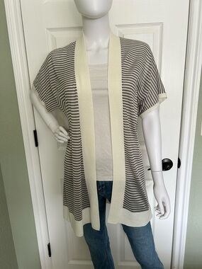 Cream and Gray Striped Open-Front Women’s Sweater Cardigan